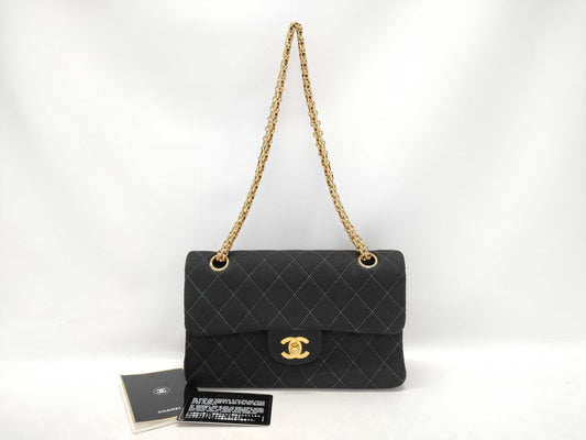CHANEL Matelasse Double Flap Chain Cotton Black Shoulder Bag, No. 5