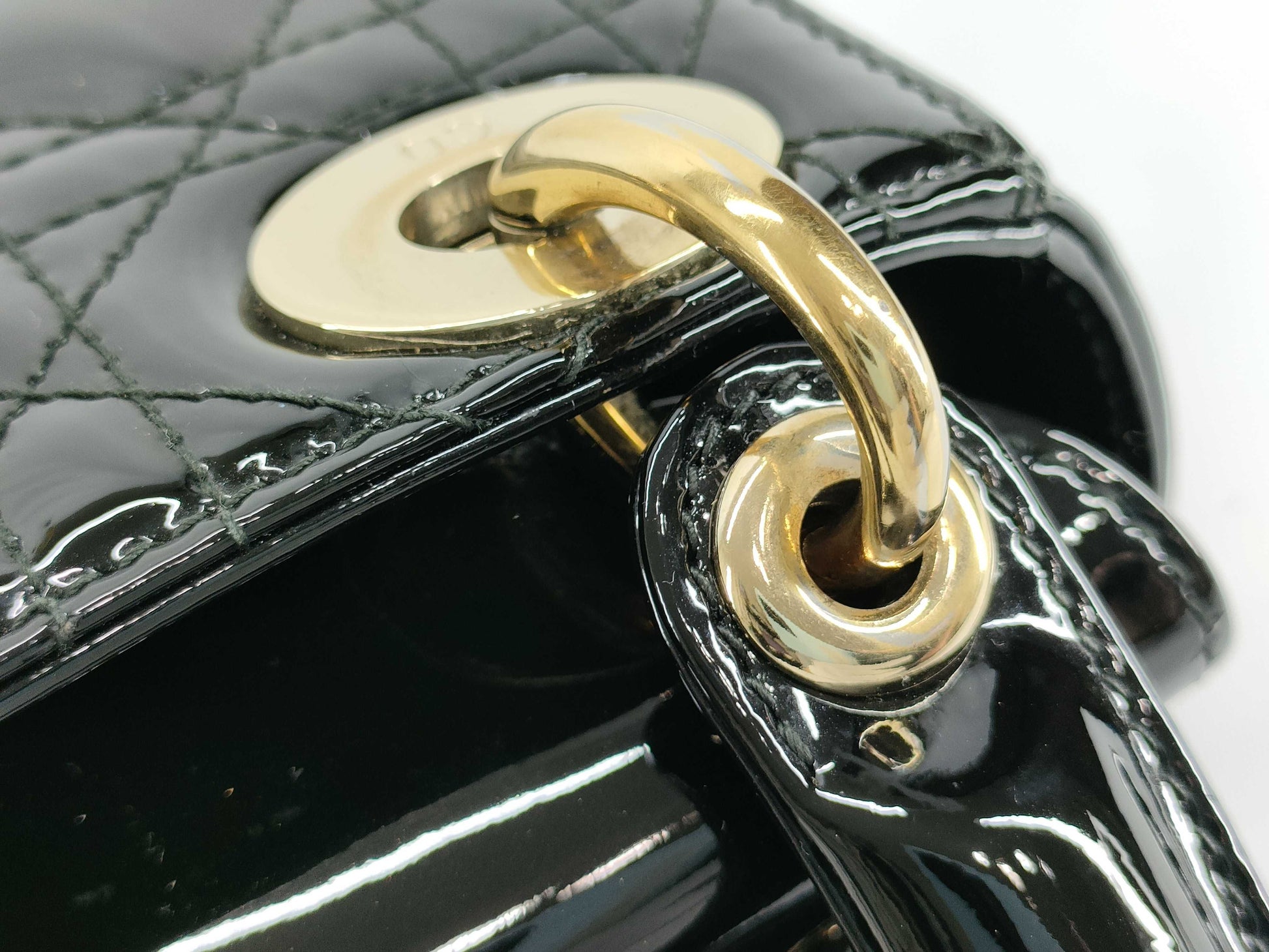 Dior Lady Dior Patent Leather Mini Cannage 2-Way Handbag in Black. Accessories: Box, Dust Bag, Shoulder Strap.
