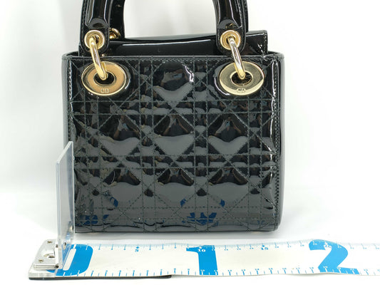 Dior Lady Dior Patent Leather Mini Cannage 2-Way Handbag in Black. Accessories: Box, Dust Bag, Shoulder Strap.