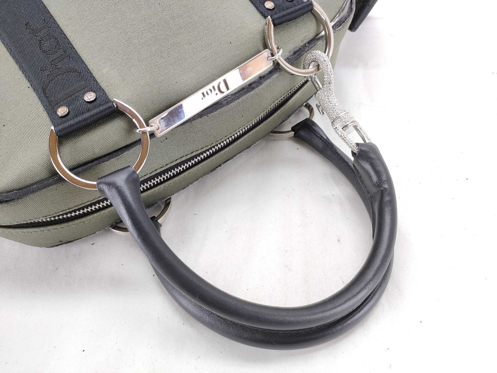 Dior Rhinestone 2-Way Handbag Canvas Khaki Handbag