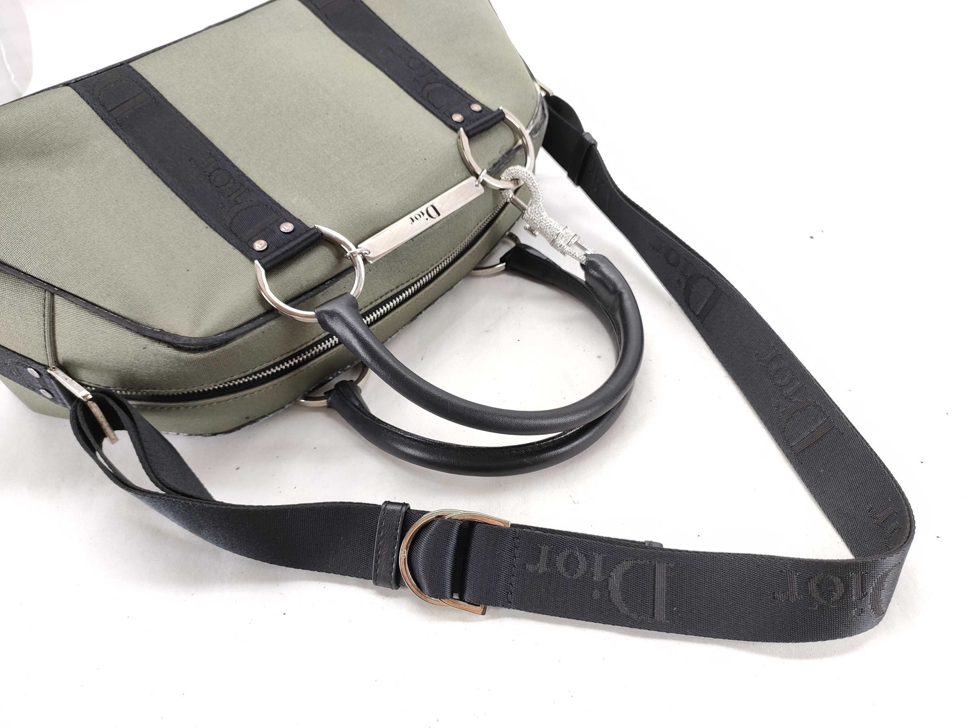 Dior Rhinestone 2-Way Handbag Canvas Khaki Handbag
