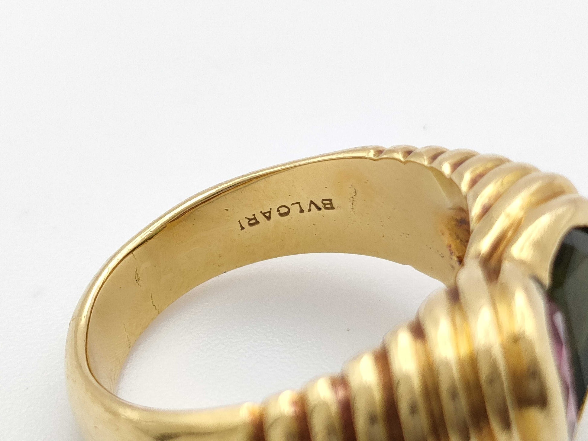 BVLGARI Doppio Bacchelate Tourmaline Peridot Yellow Gold 750 12.1g Ring 