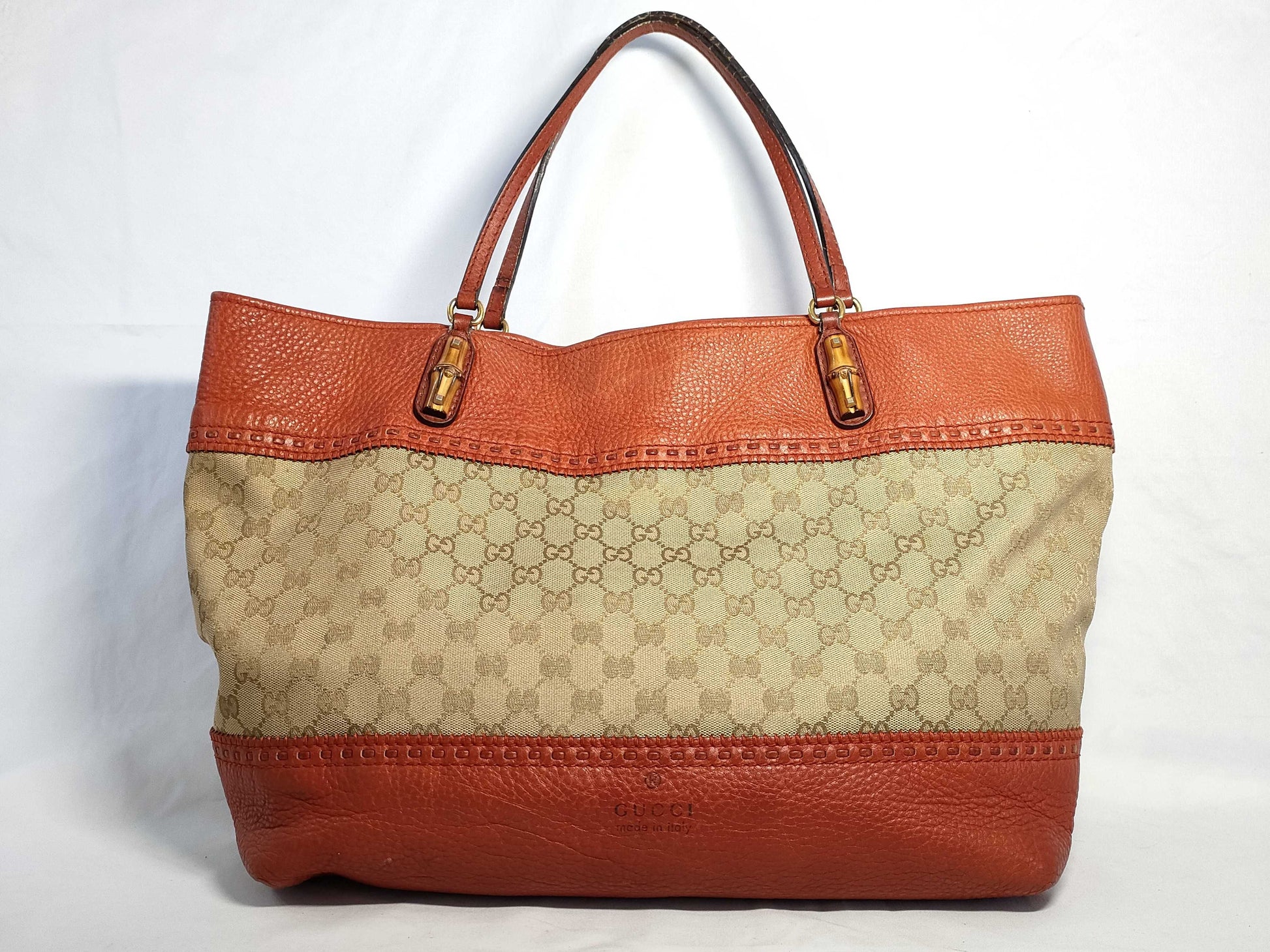 GUCCI GG Canvas Bamboo Leather Tote Bag