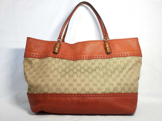 GUCCI GG Canvas Bamboo Leather Tote Bag