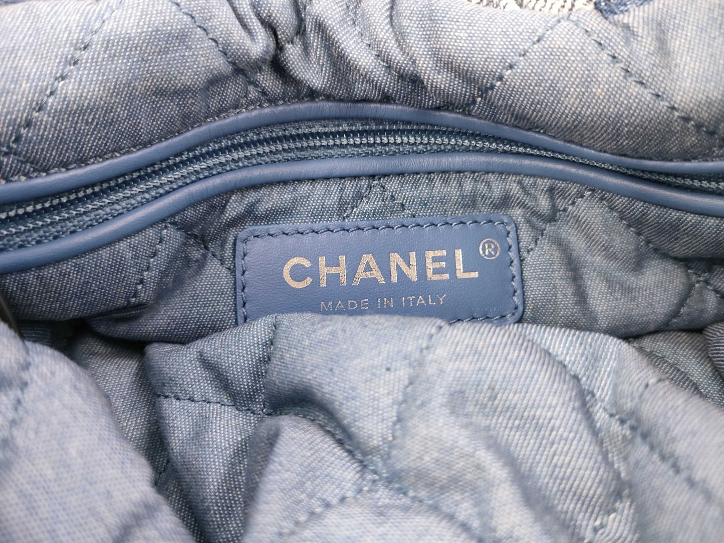CHANEL 22 Backpack AS3859 Denim Indigo Blue with Metal Serial Plate