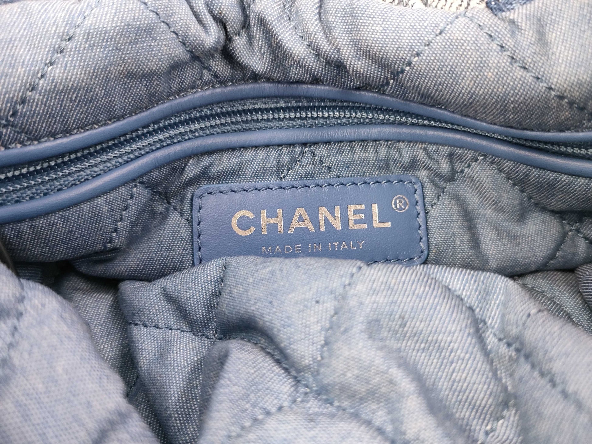 CHANEL 22 Backpack AS3859 Denim Indigo Blue with Metal Serial Plate