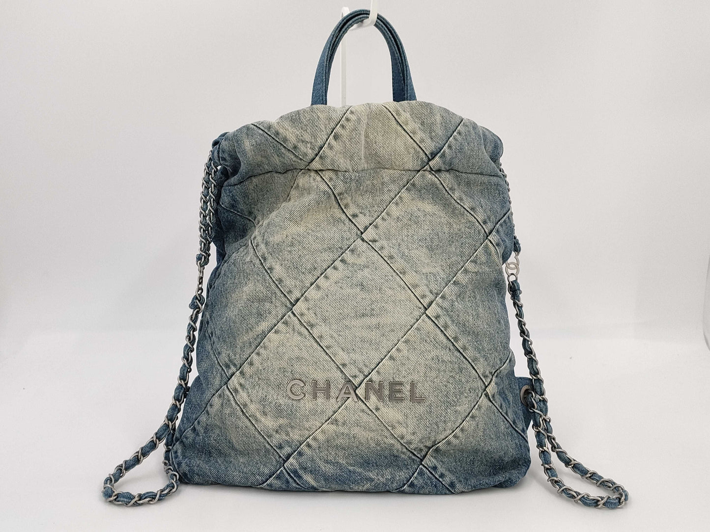 CHANEL 22 Backpack AS3859 Denim Indigo Blue with Metal Serial Plate