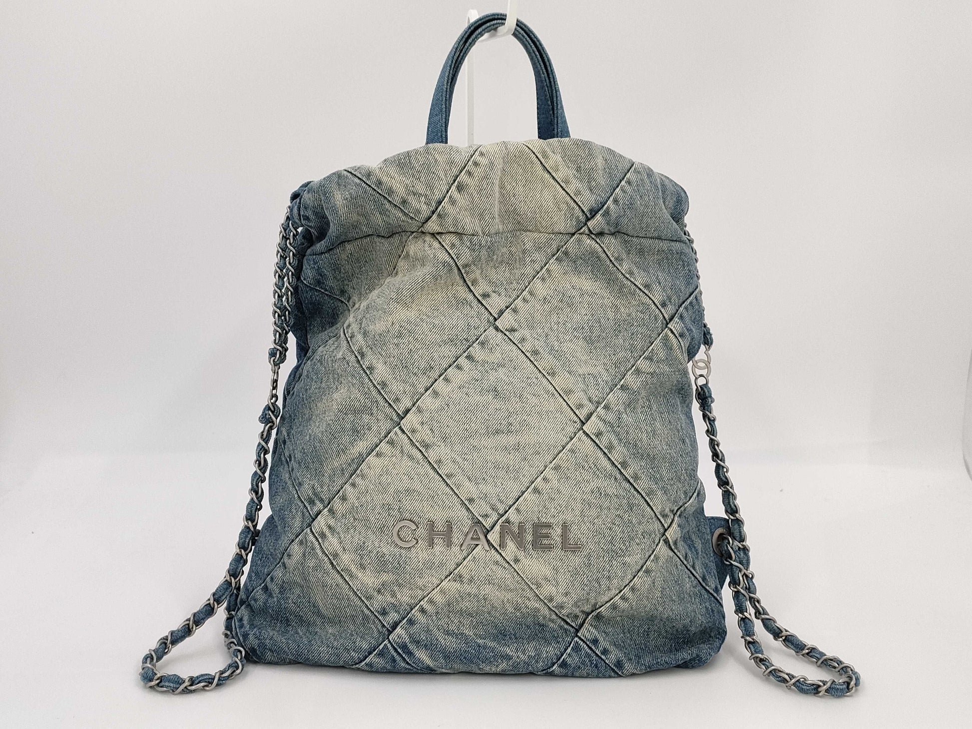 CHANEL 22 Backpack AS3859 Denim Indigo Blue with Metal Serial Plate