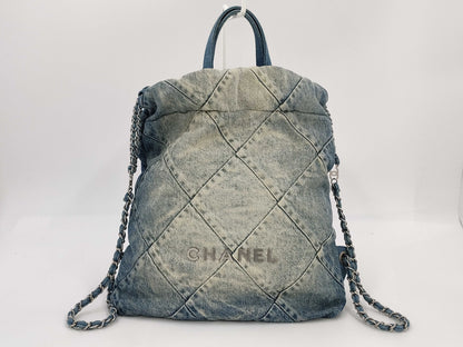 CHANEL 22 Backpack AS3859 Denim Indigo Blue with Metal Serial Plate