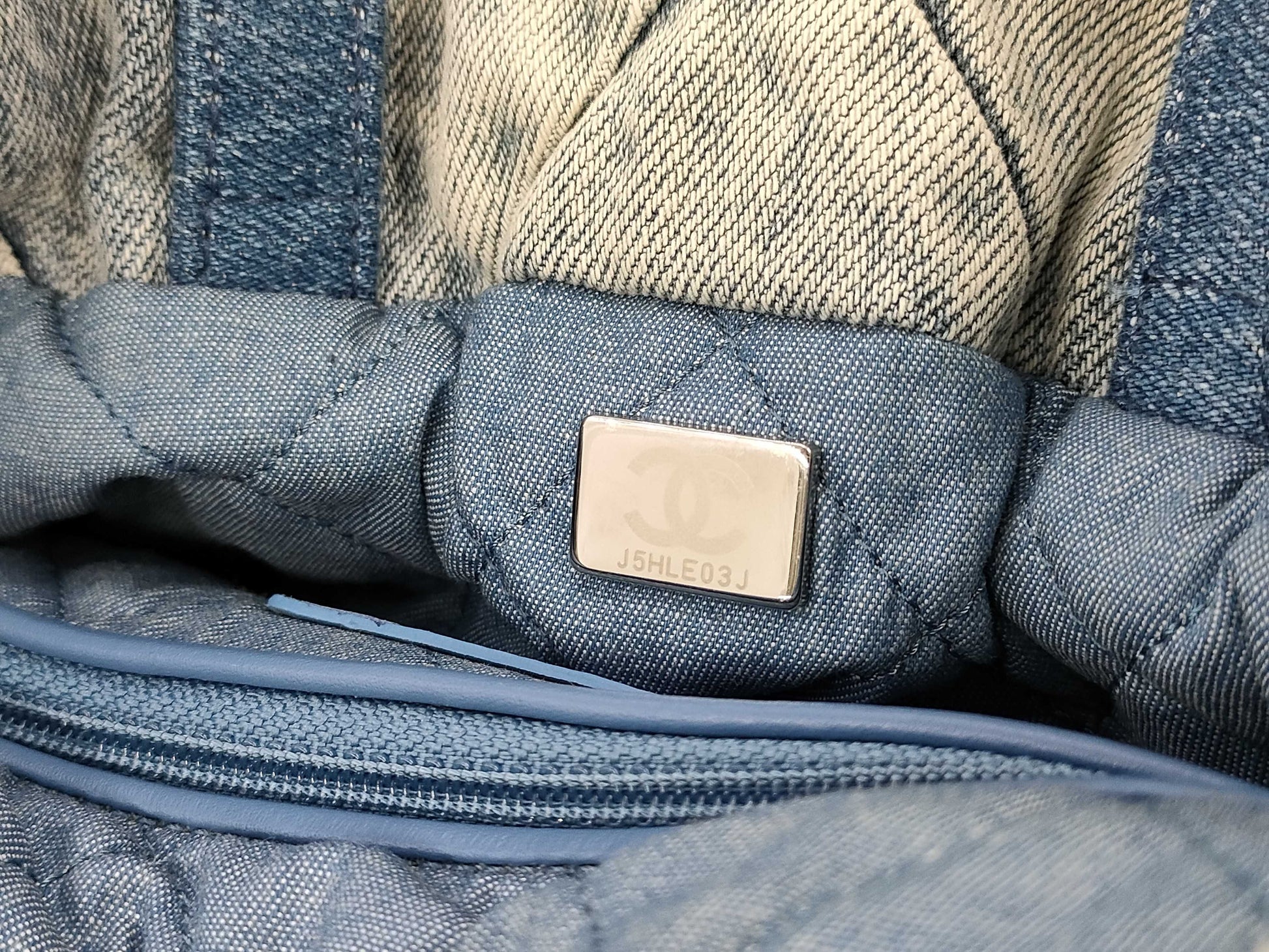 CHANEL 22 Backpack AS3859 Denim Indigo Blue with Metal Serial Plate