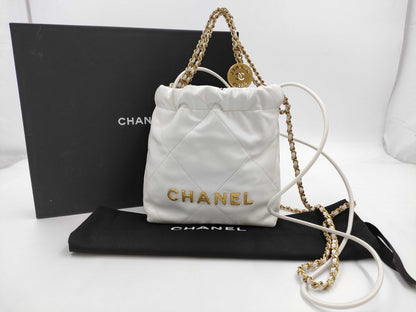 CHANEL CHANEL 22 Mini Handbag Shoulder Bag AS3980 Shiny Calfskin White with Metal Serial Plate