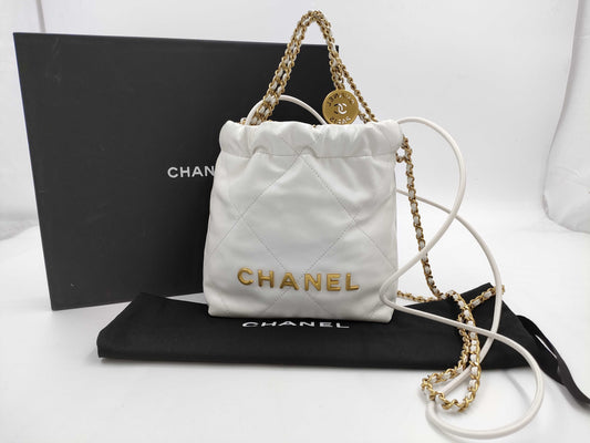 CHANEL CHANEL 22 Mini Handbag Shoulder Bag AS3980 Shiny Calfskin White with Metal Serial Plate