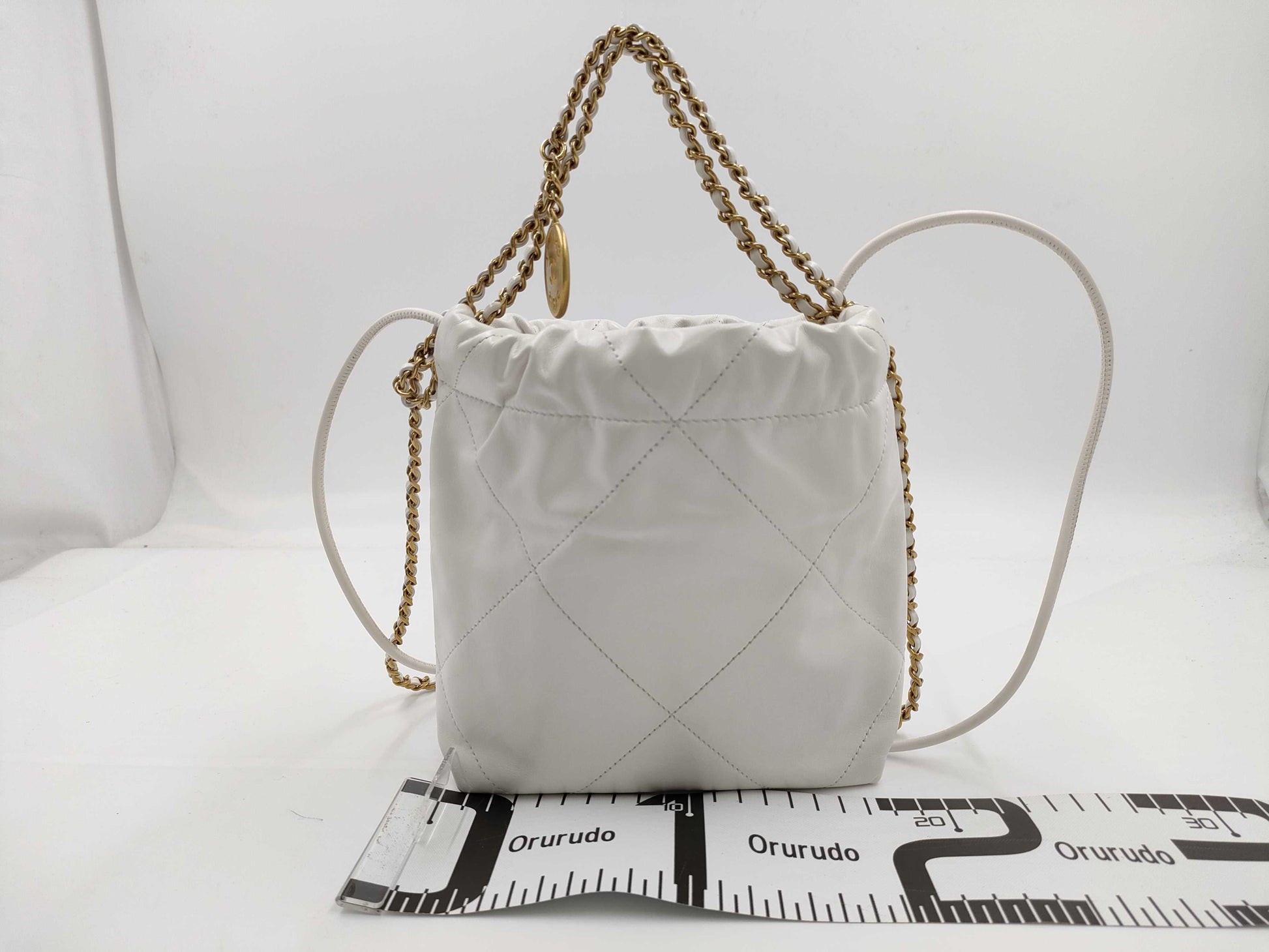 CHANEL CHANEL 22 Mini Handbag Shoulder Bag AS3980 Shiny Calfskin White with Metal Serial Plate