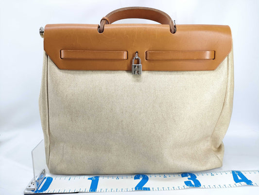 HERMES Air Bag HERMES Air Bag MM Handbag Toile H x Leather □B Handbag