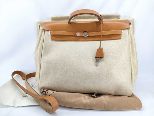 HERMES Air Bag HERMES Air Bag MM Handbag Toile H x Leather □B Handbag