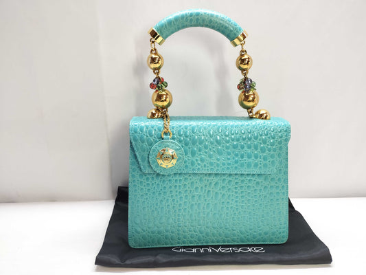 VERSACE Crocodile Embossed Leather Beaded Handbag