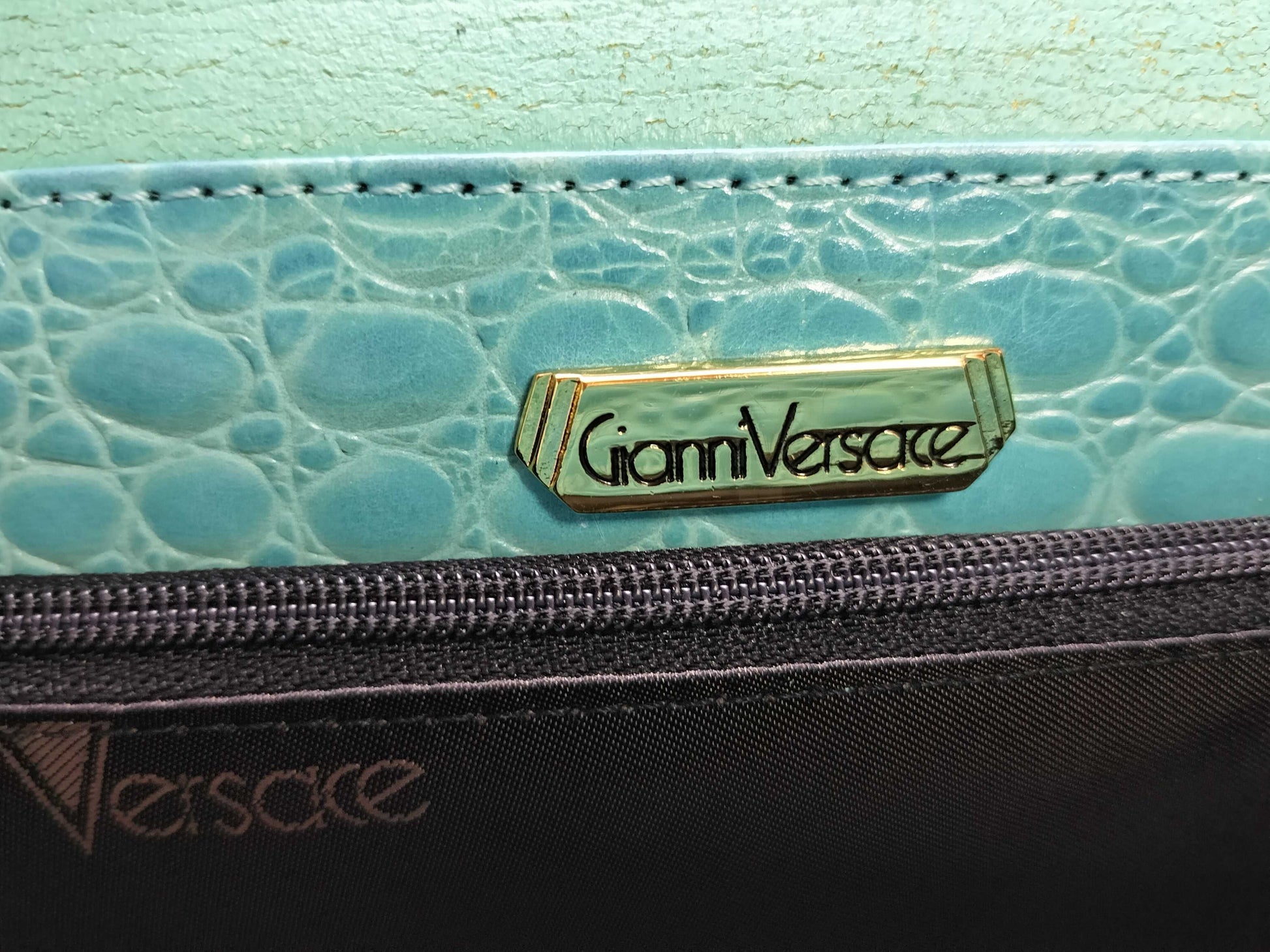 VERSACE Crocodile Embossed Leather Beaded Handbag