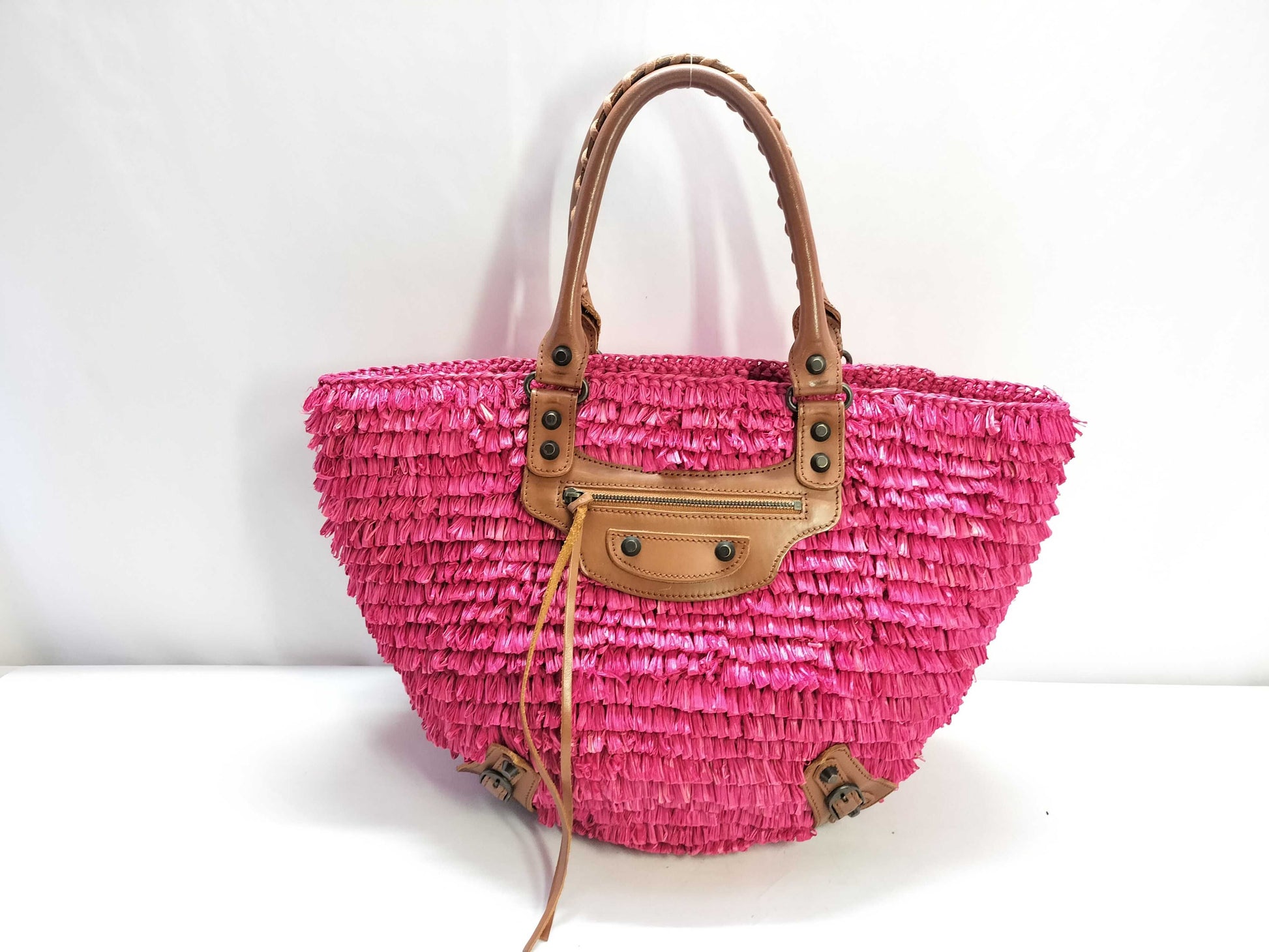 BALENCIAGA Leather and Raffia Basket Bag 286990 Handbag