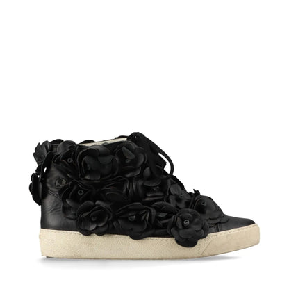 CHANEL Camellia Leather High-Top Sneakers, Size 38, Women's, Black, G29046