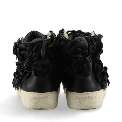 CHANEL Camellia Leather High-Top Sneakers, Size 38, Women's, Black, G29046