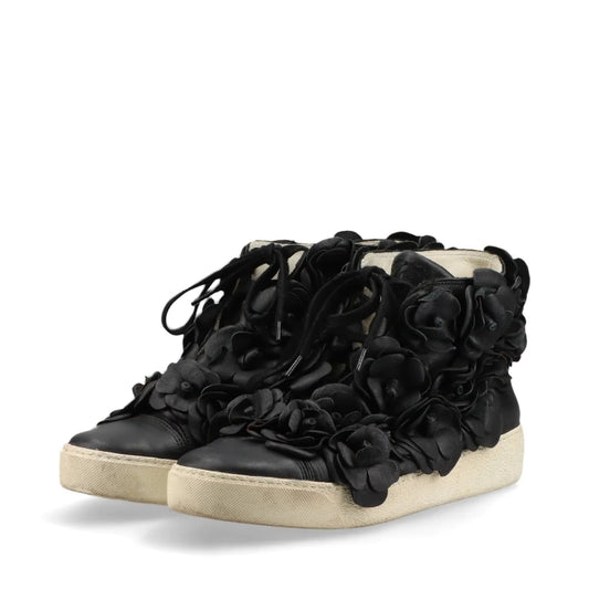 CHANEL Camellia Leather High-Top Sneakers, Size 38, Women's, Black, G29046