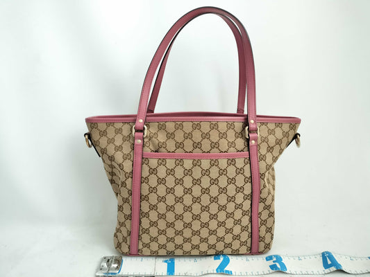 GUCCI GG Canvas 2-Way Handbag Tote Bag with GG Pattern and Logo Plate 388929