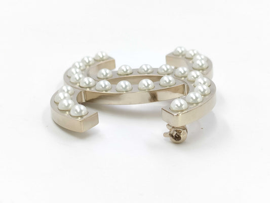 CHANEL CHANEL Brooch Coco Mark Pearl Champagne Gold B18P Brooch