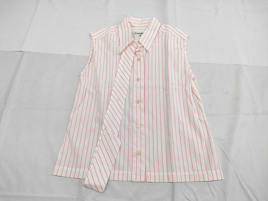 CHANEL CHANEL Sleeveless Shirt Top Striped White x Pink #38 Cotton Top