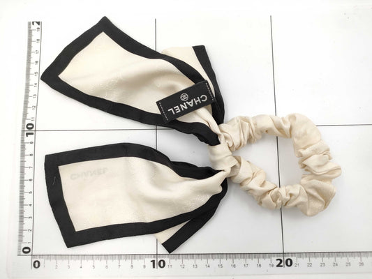 CHANEL CHANEL Scrunchie Hair Accessory Ribbon Coco Mark White x Black Silk Hair Accessory