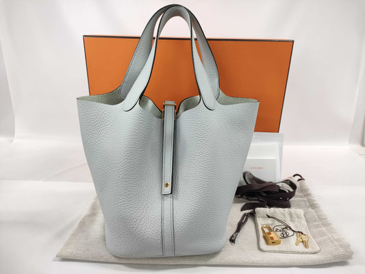 HERMES Picotin Lock MM Taurillon Clemence Blue Pale Handbag with G Hardware and Double Stamp