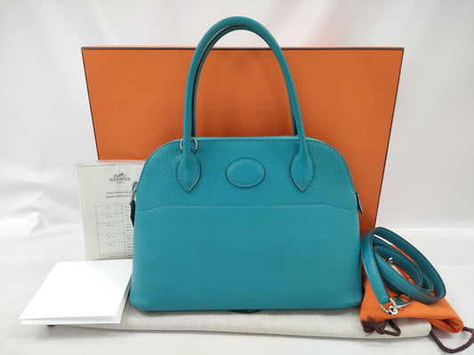 HERMES Bolide 27 Chevre Turquoise Handbag with H Stamp