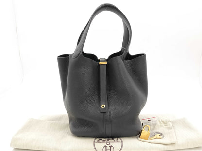 HERMES Picotin Lock MM Taurillon Clemence Leather Handbag in Black with GD Hardware and Y Stamp