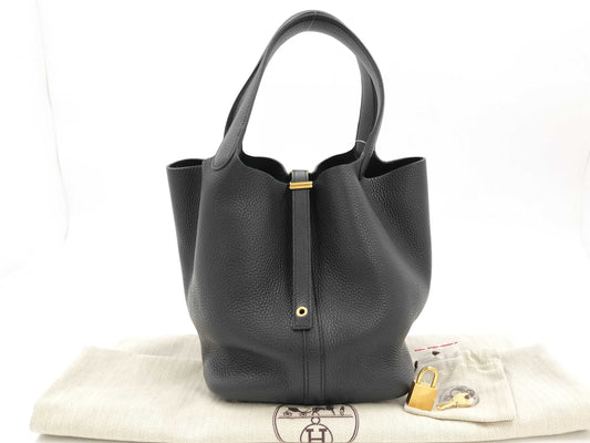 HERMES Picotin Lock MM Taurillon Clemence Leather Handbag in Black with GD Hardware and Y Stamp