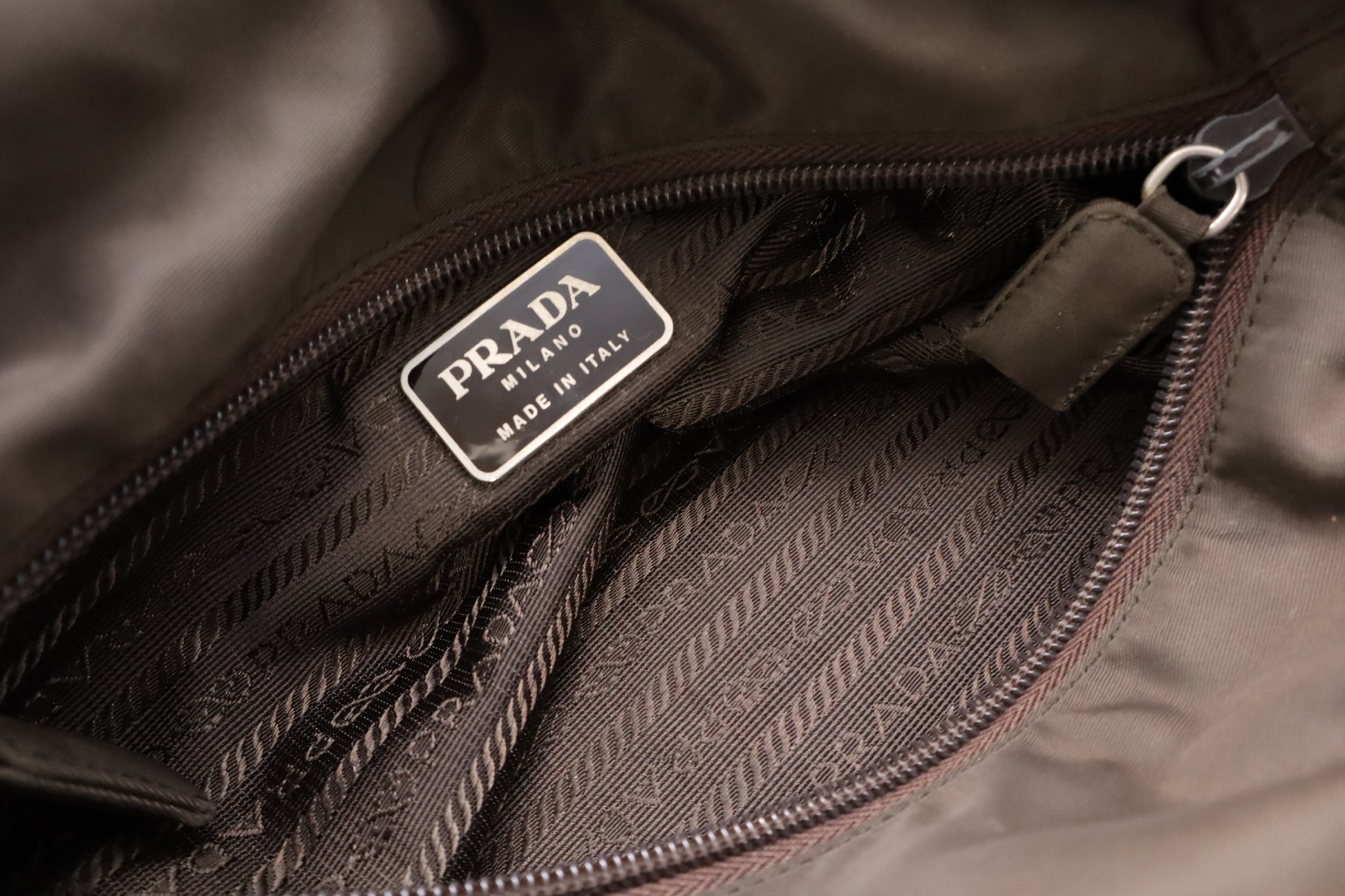 PRADA Tessuto Nylon Mini Handbag with Triangle Plate, Khaki