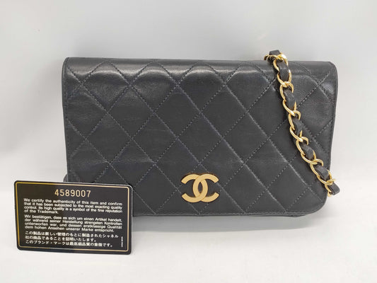 CHANEL Matelasse Lambskin Push Lock Black Chain Shoulder Bag with Sticker and Card