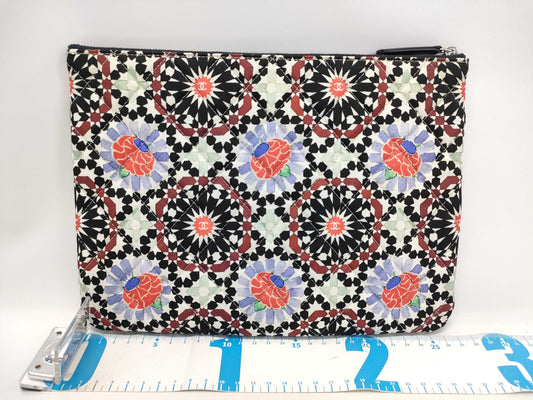 CHANEL Coco Mark Canvas Flower Multicolor Clutch Bag with Silver Hardware, Sticker and Card Included