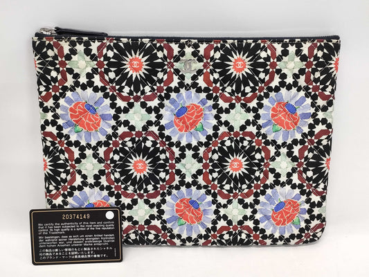 CHANEL Coco Mark Canvas Flower Multicolor Clutch Bag with Silver Hardware, Sticker and Card Included
