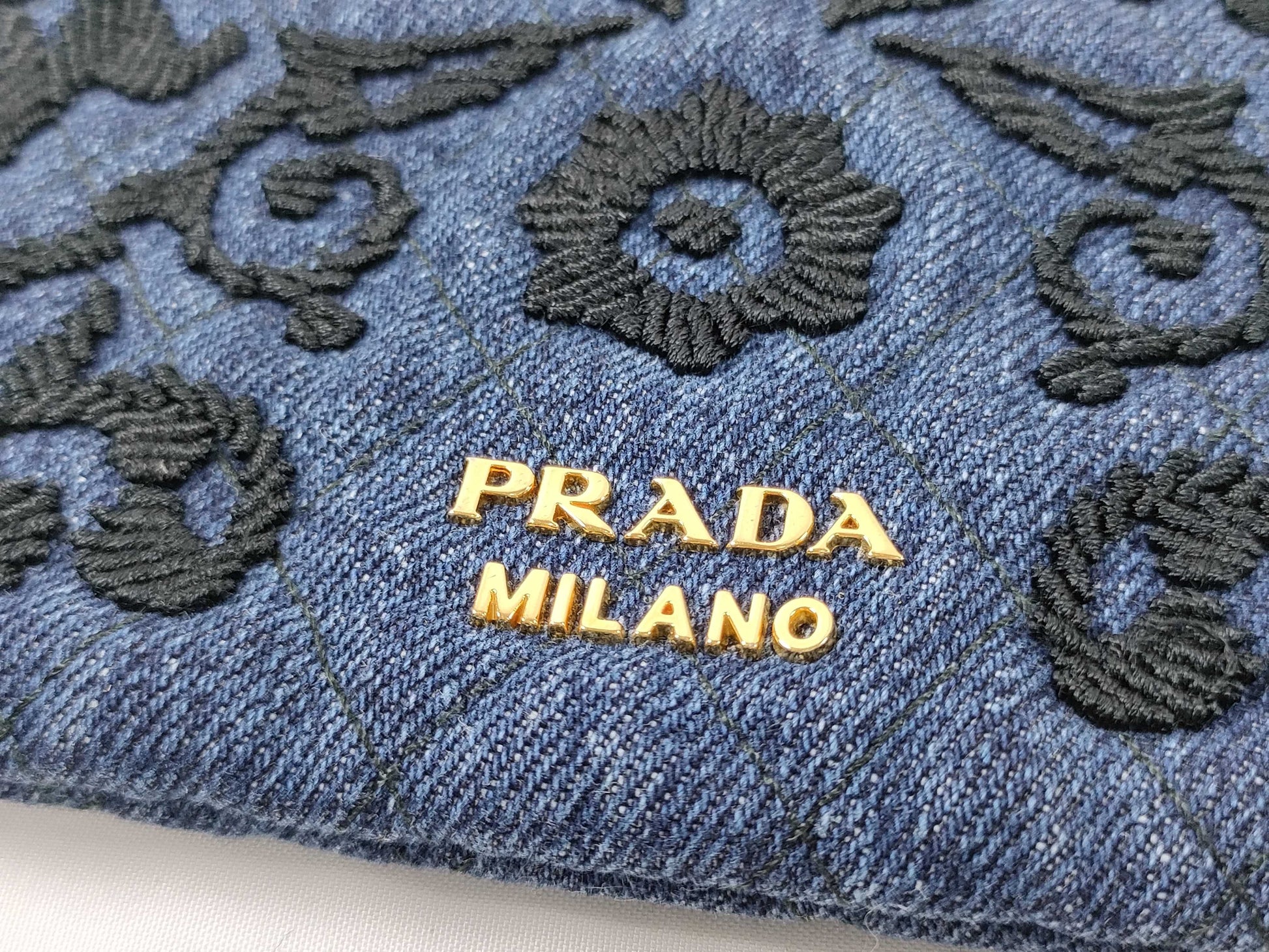 PRADA Prada Denim Embroidered Drawstring Handbag and Other Accessories