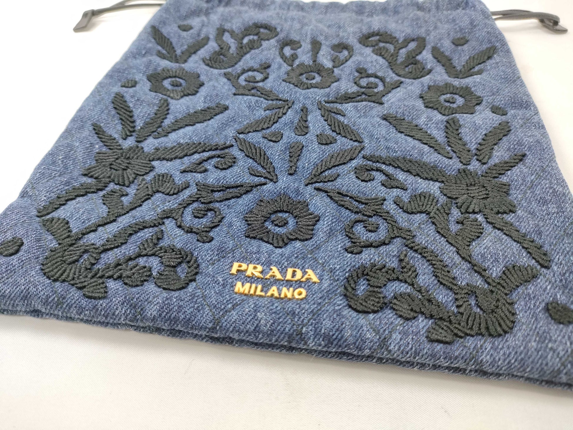 PRADA Prada Denim Embroidered Drawstring Handbag and Other Accessories