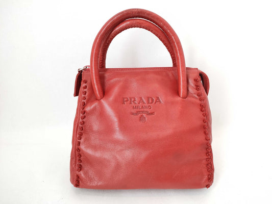PRADA Prada logo embossed embroidered handbag all leather handbag