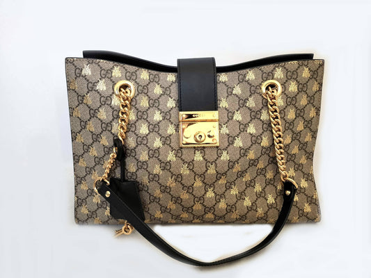 GUCCI GG Supreme Bee Medium Padlock Chain Shoulder Bag Tote Bag
