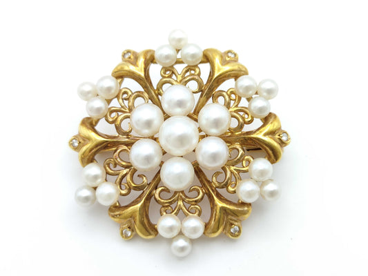 Pearl, Diameter: Approx. 3.2-6.1mm, Diamond, 18K Gold, 11.8g, Brooch 