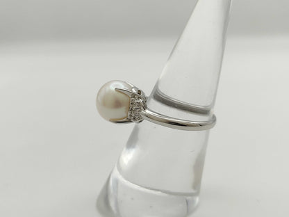 Pearl Ring 9.7mm Diameter, 0.07ct, 14K White Gold, 3.1g