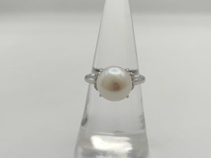Pearl Ring 9.7mm Diameter, 0.07ct, 14K White Gold, 3.1g