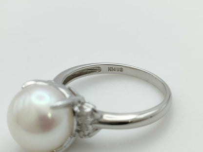 Pearl Ring 9.7mm Diameter, 0.07ct, 14K White Gold, 3.1g