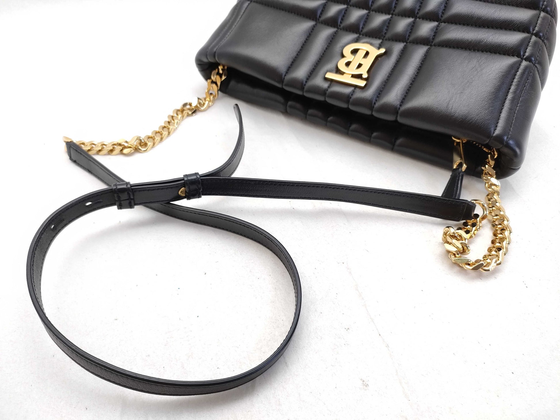 BURBERRY TB logo quilted leather chain shoulder bag in black