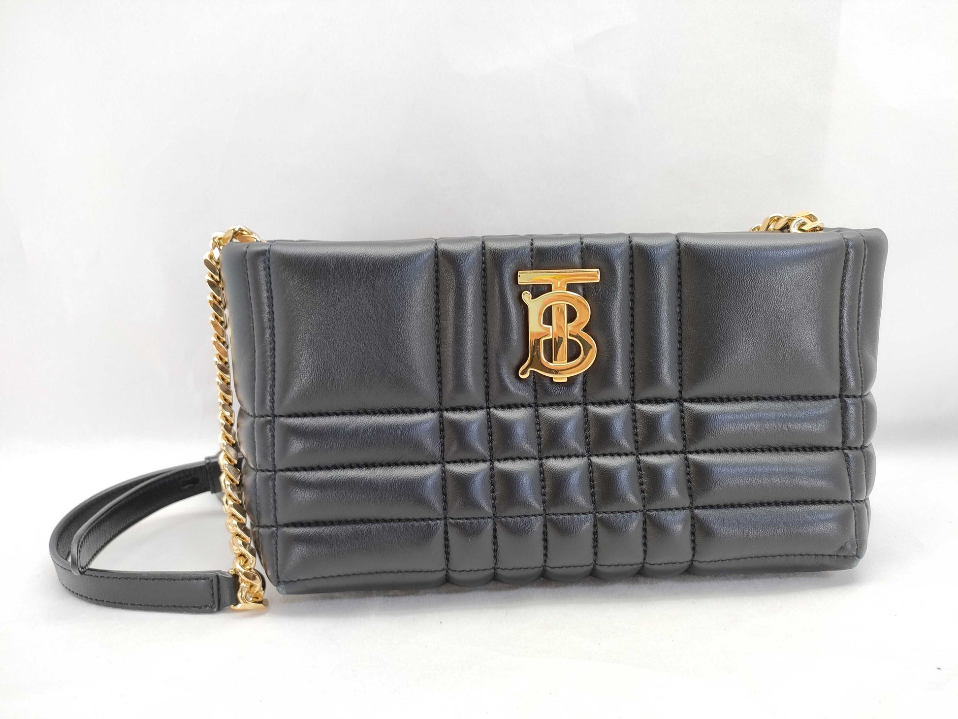 BURBERRY TB logo quilted leather chain shoulder bag in black