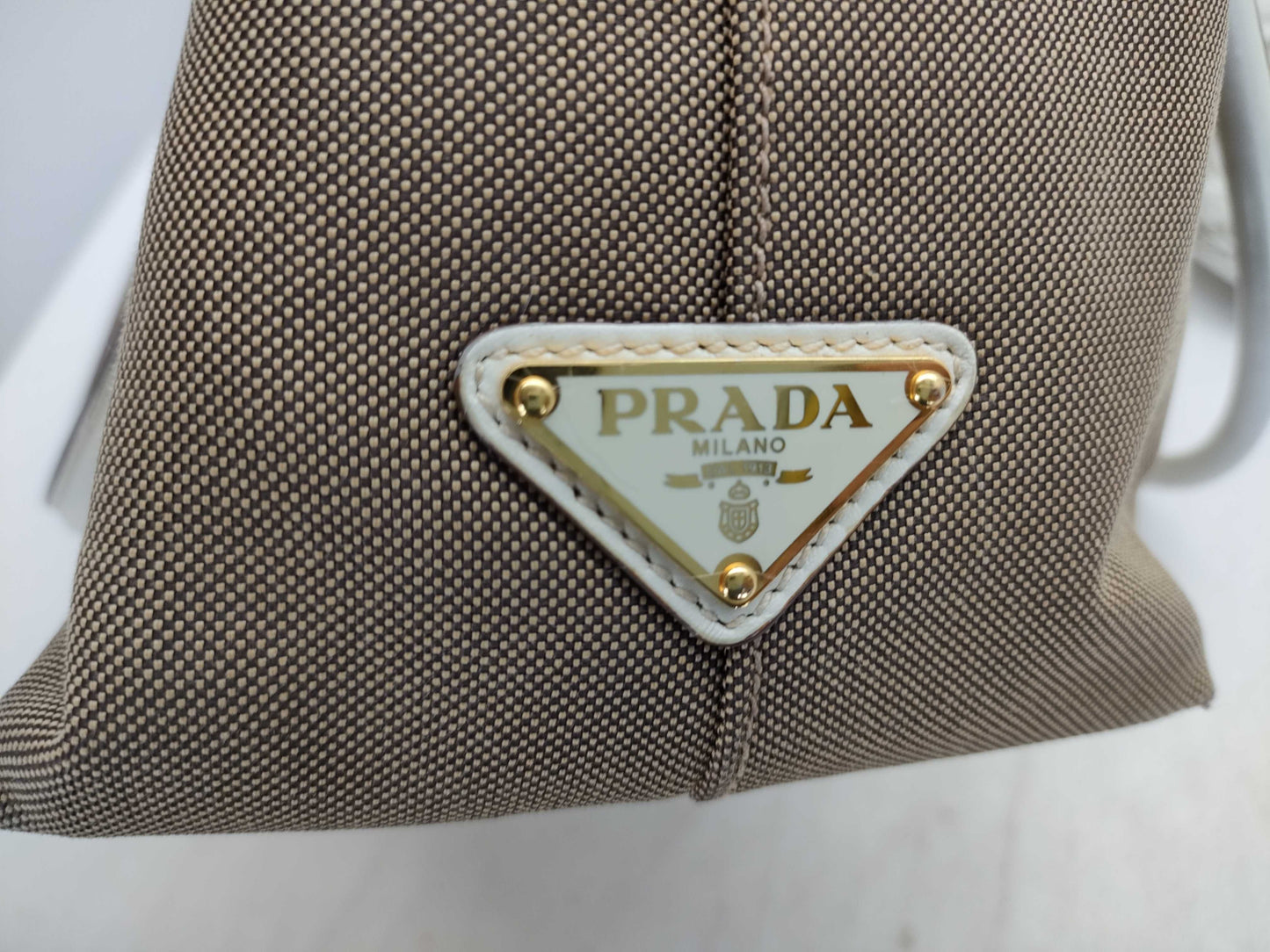 PRADA Prada Tote Bag 1BG159 White Calf Leather x Canvas Tote Bag