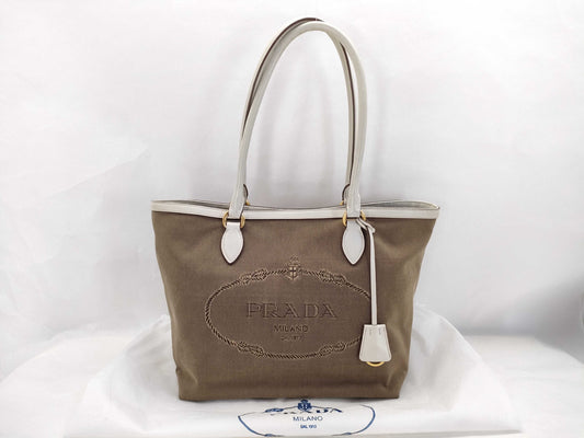 PRADA Prada Tote Bag 1BG159 White Calf Leather x Canvas Tote Bag