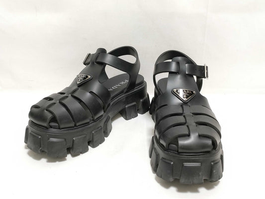 PRADA Prada Monolith Rubber Gurkha Sandals with Logo Plate, Black
